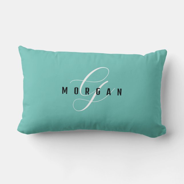 Elegant White Script Monogram & Black Name Lt Teal Lumbar Pillow (Back)