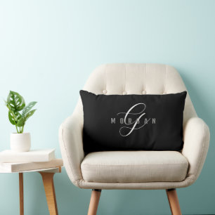 Elegant White Script Monogram & Grey Name on Black Lumbar Pillow
