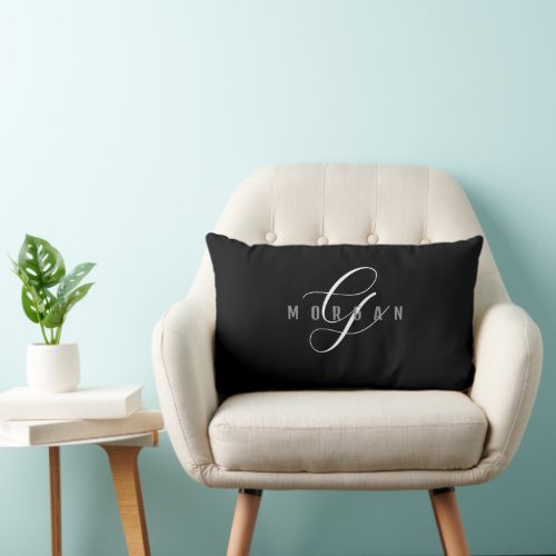Elegant White Script Monogram  Grey Name on Black Lumbar Pillow