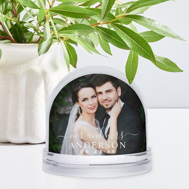 Elegant White Script Mr and Mrs Photo Snow Globe (Creator Uploaded)