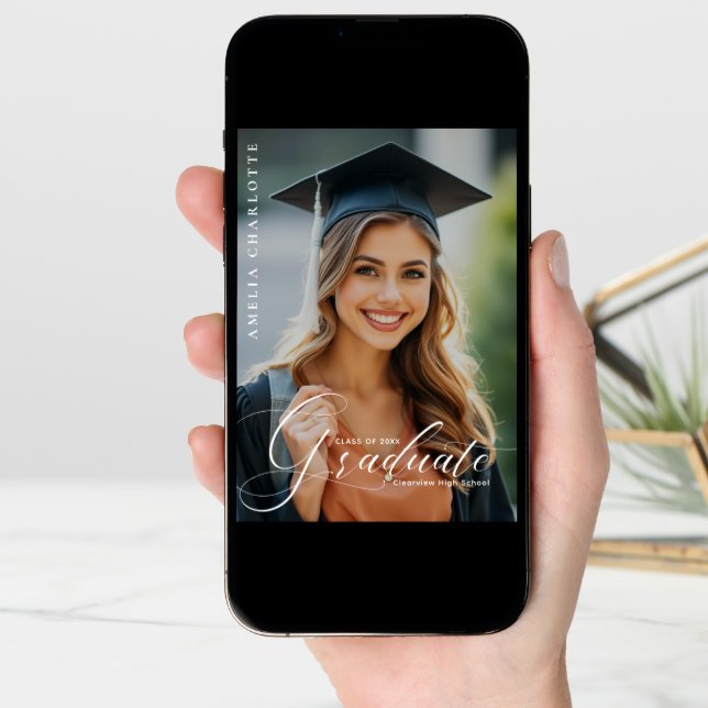 Elegant White Script Overlay Graduation Photo  Announcement (Front Digital)