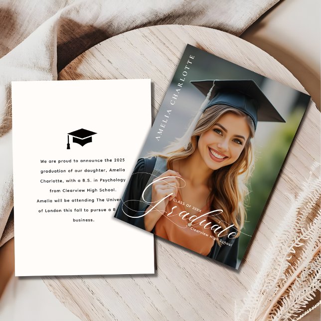 Elegant White Script Overlay Graduation Photo  Announcement (Creator Uploaded)