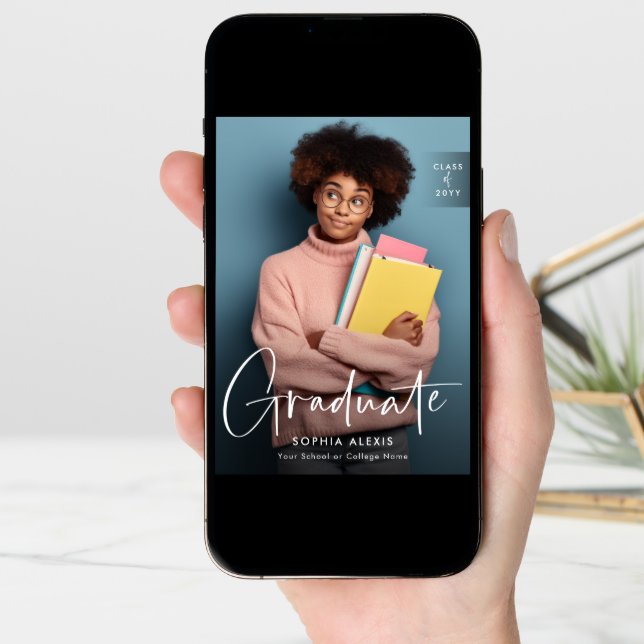 Elegant White Script Overlay Two Photo Graduation Announcement (Front Digital)