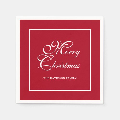 Elegant White Script Personalized Red Christmas Napkins