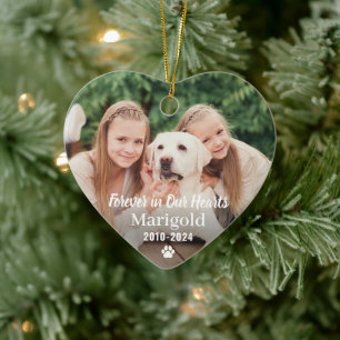 Elegant White Script Pet Memorial Photo Heart Ceramic Ornament