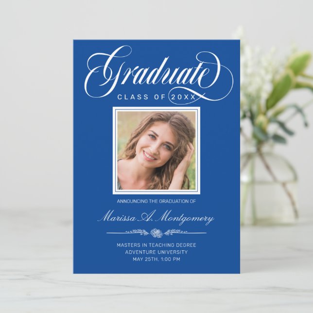 Elegant White Script Photo Blue College Graduation Announcement (Standing Front)