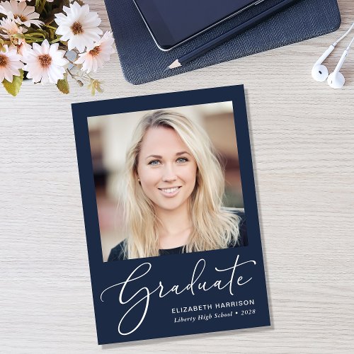 Elegant White Script Photo Blue Graduation Announcement