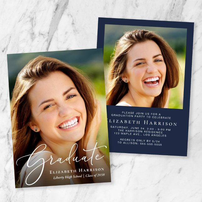 Elegant White Script Photo Blue Graduation Party Invitation (An elegant photo graduation announcement to celebrate the graduate's achievements)