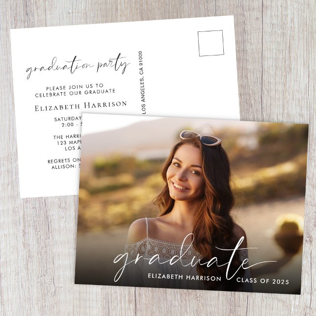 Elegant White Script Photo Graduation Party Invitation Postcard (Creator Uploaded)