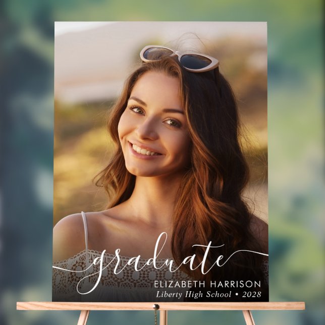 Elegant White Script Photo Overlay Graduation Acrylic Sign (Neutral)
