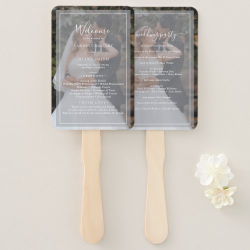 Elegant White Script Photo Overlay Wedding Program Hand Fan