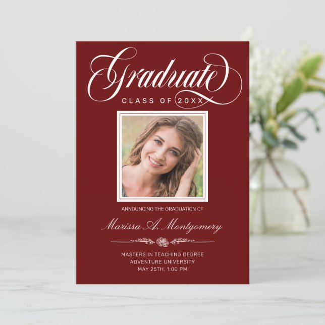 Elegant White Script Photo Red College Graduation Announcement (Standing Front)