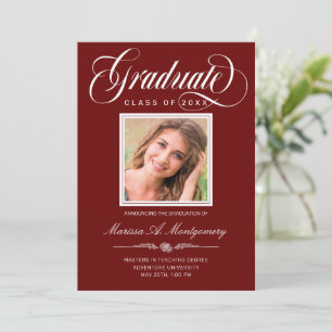 Elegant White Script Photo Red College Graduation Announcement