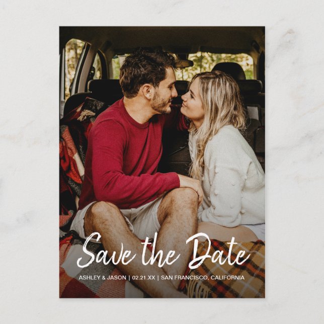Elegant White Script Photo Save the Date Announcement Postcard (Front)