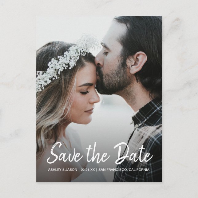 Elegant White Script Photo Save the Date Announcement Postcard (Front)