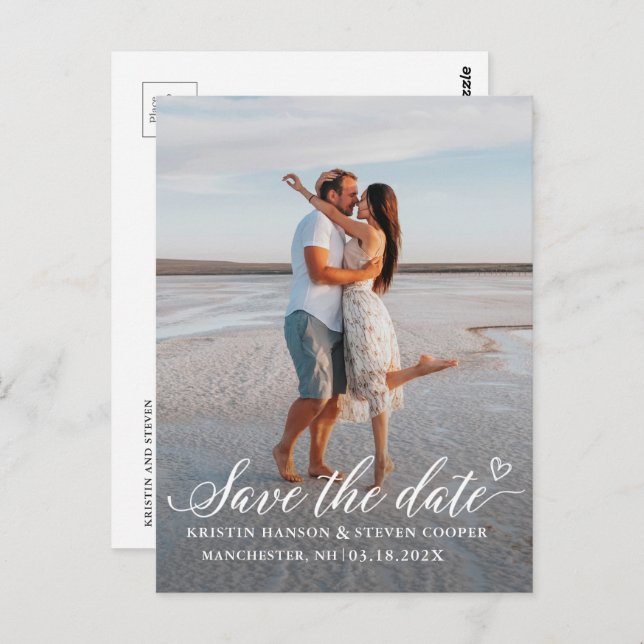 Elegant White Script Photo Save The Date Postcard (Front/Back)
