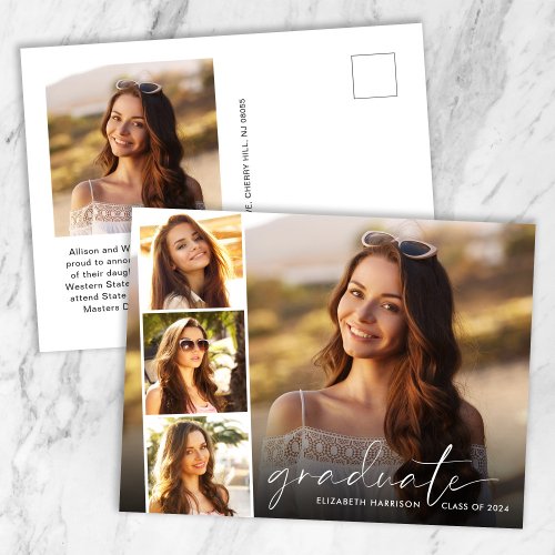 Elegant White Script Photo Strip Graduation Announcement Postcard