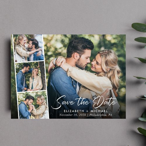 Elegant White Script Photo Wedding Save the Date Announcement Postcard