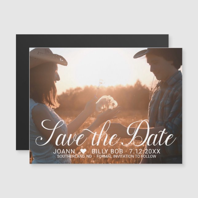 Elegant White Script Photo Wedding Save the Date Magnetic Invitation (Front/Back)