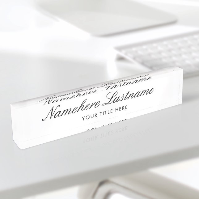 Elegant White Script Simple Minimalist Modern Desk Name Plate (Creator Uploaded)