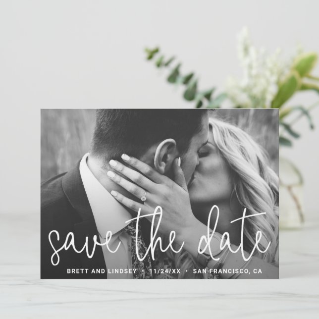 Elegant White Script Simple Photo Modern Wedding Save The Date (Standing Front)