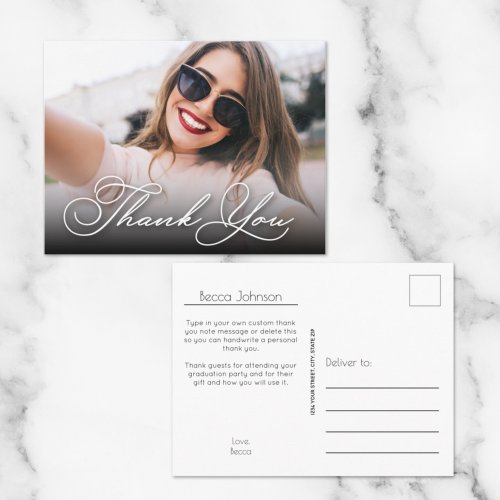 Elegant White Script Thank You Photo Graduation Postcard