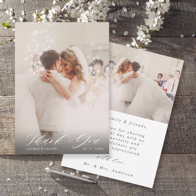 Elegant White Script Wedding 2 Photo  Thank You Card (Front & Back)