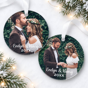 Elegant White Script Wedding Monogram Photo Ornament