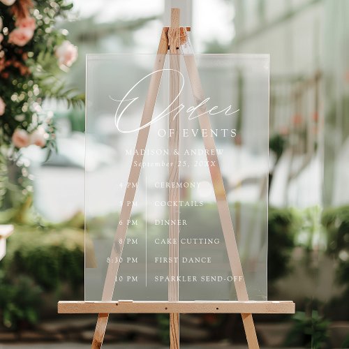 Elegant White Script Wedding Order of Events Acrylic Sign