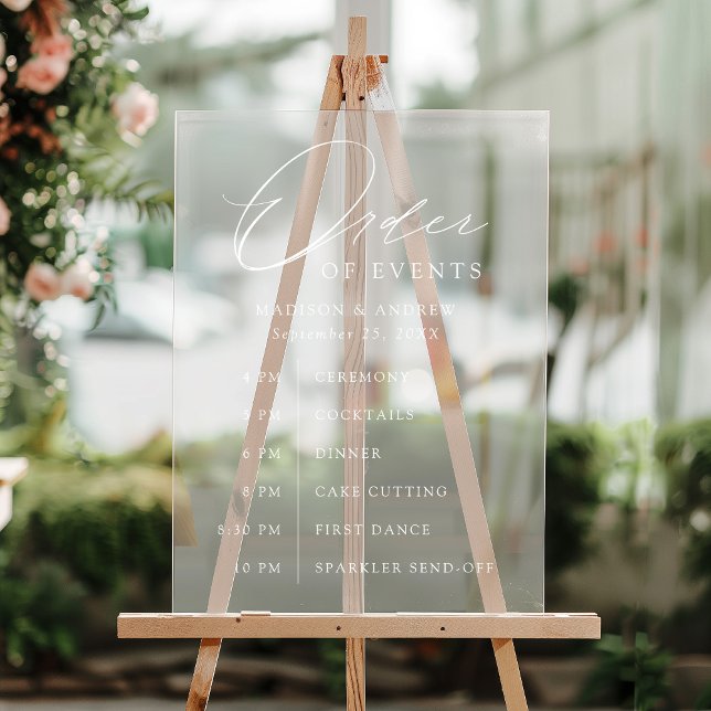 Elegant White Script Wedding Order of Events Acrylic Sign (Creator Uploaded)