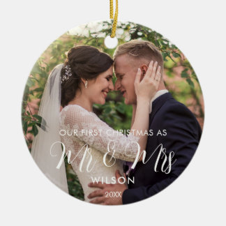 Elegant White Script Wedding Photo Ceramic Ornament