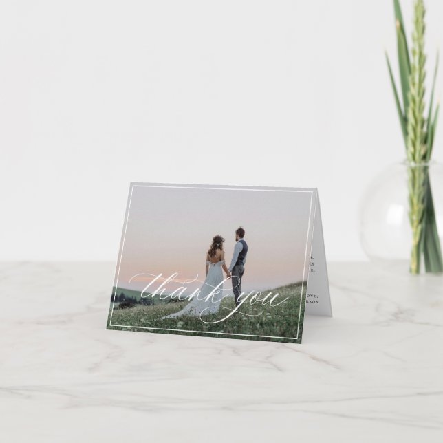 Elegant White Script Wedding Photo Letterpress Thank You Card (Front)