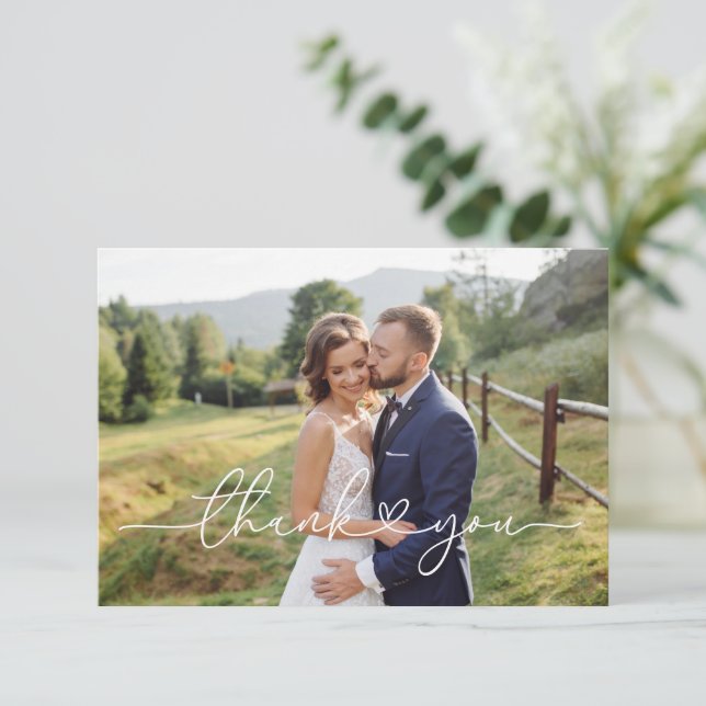 Elegant White Script Wedding Photo Thank You  (Standing Front)