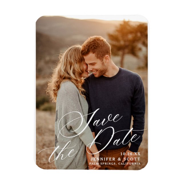 Elegant White Script | Wedding Save The Date Magnet (Vertical)
