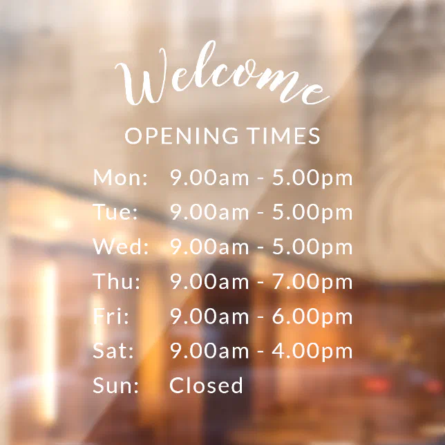 elegant-white-script-welcome-business-hours-window-cling-zazzle