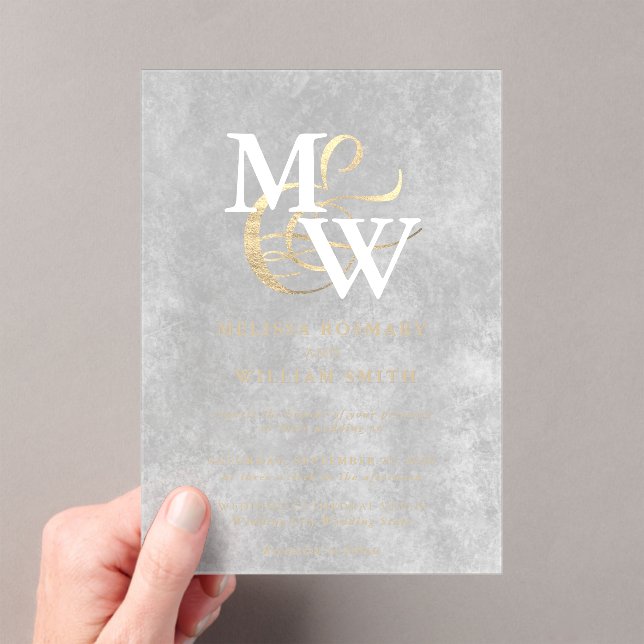 Elegant White Sea Glass Monogram Gold Wedding Acrylic Invitations (Insitu (Handheld))