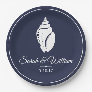 Elegant White Seashell & Navy Blue   Personalized Paper Plates