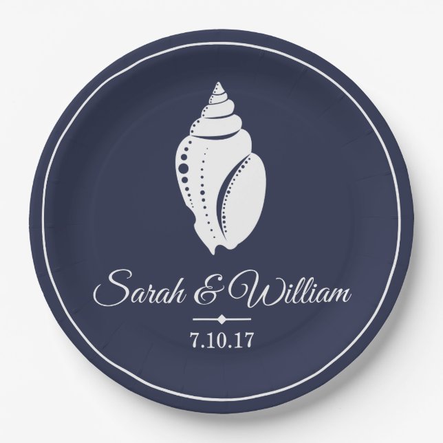 Elegant White Seashell & Navy Blue | Personalized Paper Plates (Front)