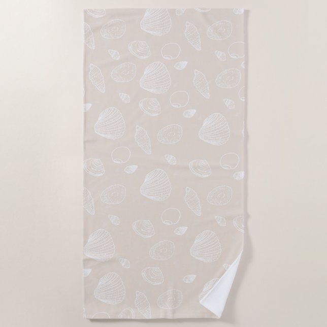 Elegant White Seashells Beige Pattern Beach Towel (Front)
