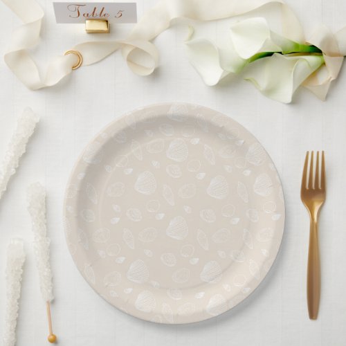 Elegant White Seashells Beige Pattern Paper Plates