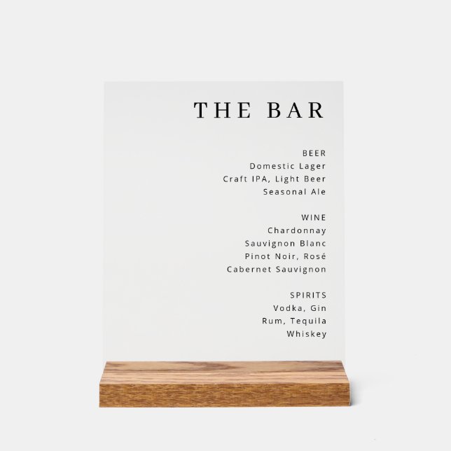 Elegant White Serif Bar Menu Acrylic Sign (Front)