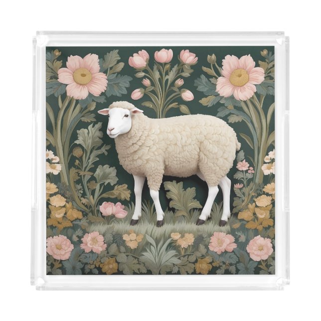 Elegant White Sheep William Morris Inspired Acrylic Tray (Front)