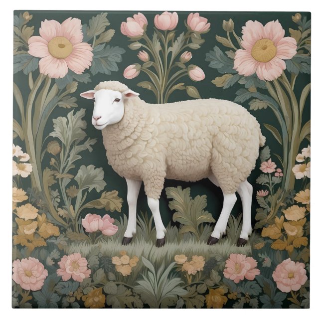 Elegant White Sheep William Morris Inspired Ceramic Tile (Front)