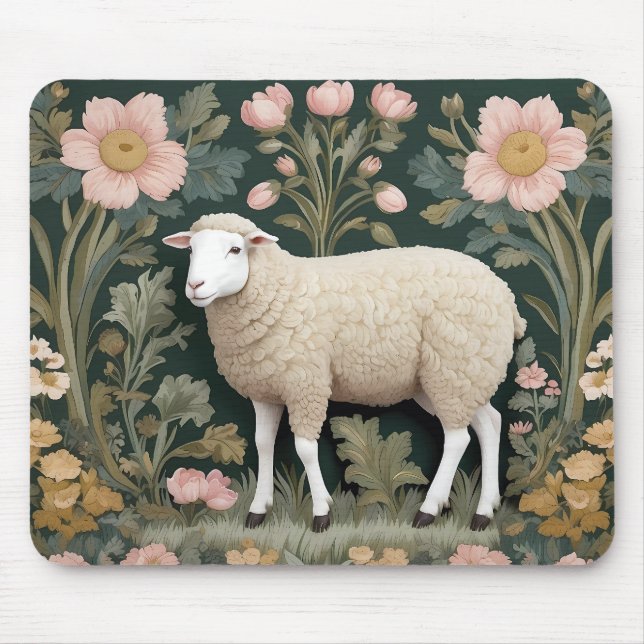 Elegant White Sheep William Morris Inspired Mouse Pad (Front)