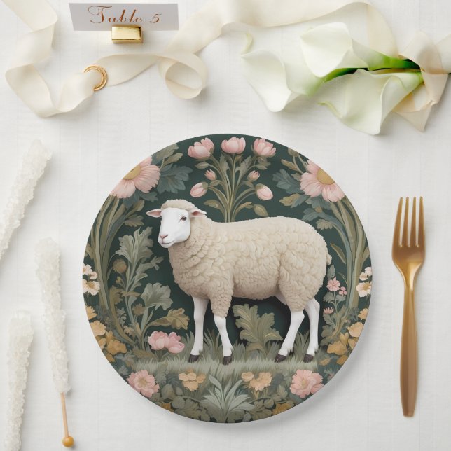Elegant White Sheep William Morris Inspired Paper Plates (Wedding)