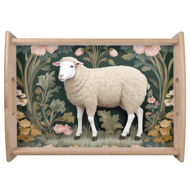 Elegant White Sheep William Morris Inspired Serving Tray (Front)