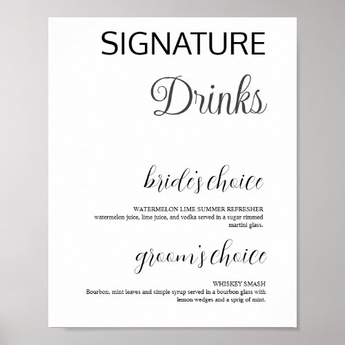 Elegant White Signature Drinks Wedding Bar Poster