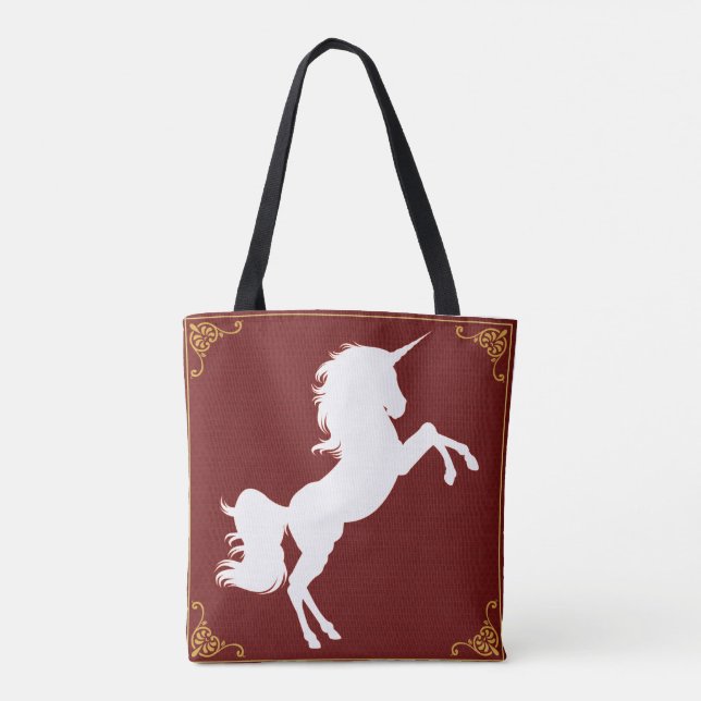 Elegant White Silhouette Unicorn Gold Borders Tote Bag (Back)