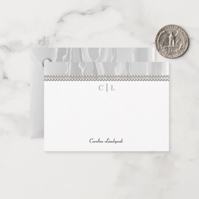 Elegant White Silk & Pearls Monogrammed Note Card (Front/Back In Situ)