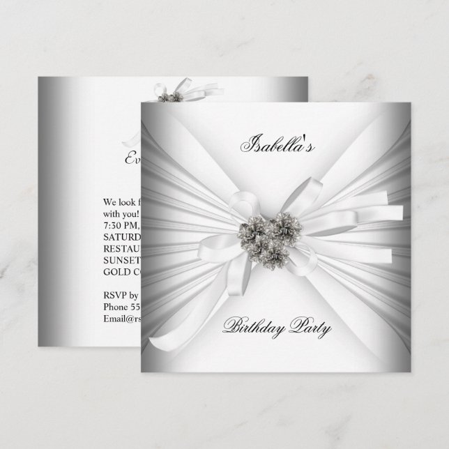 Elegant White Silver Birthday Party Invitation (Front/Back)